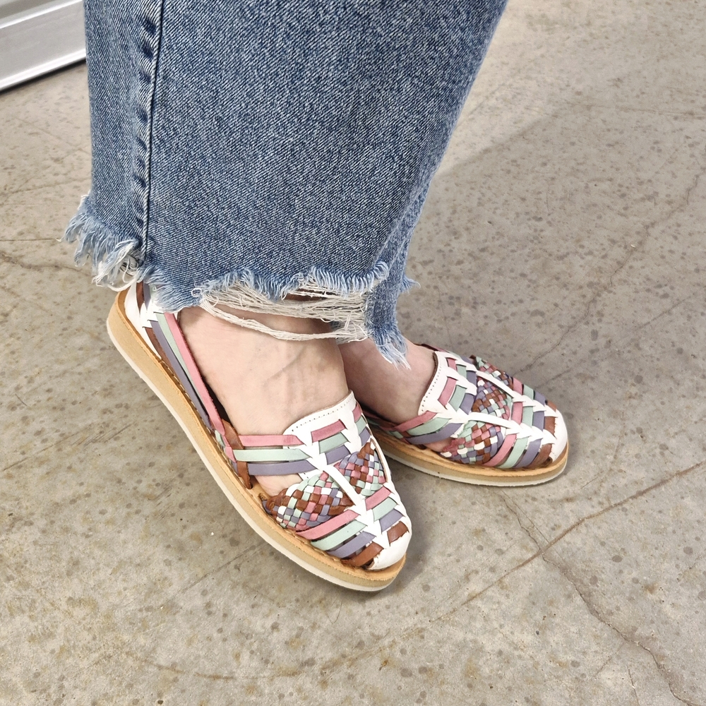 Pastel Woven Leather Huarache Flats - Multi Pastel Colors